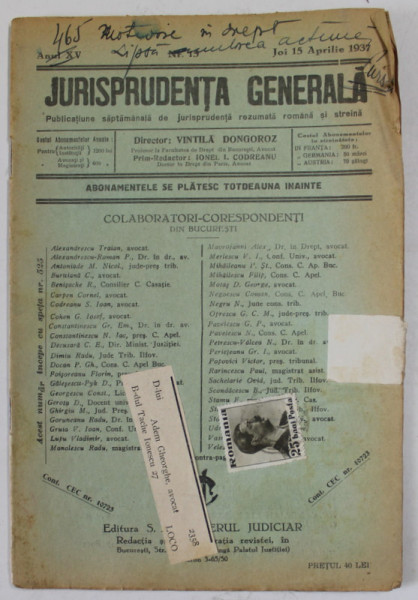 JURISPRUDENTA GENERALA , PUBLICATIUNE SAPTAMANALA DE JURISPRUDENTA ...ANUL XV , NR. 15 , JOI15 APRILIE  , 1937