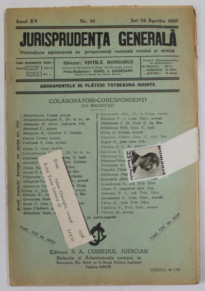 JURISPRUDENTA GENERALA , PUBLICATIUNE SAPTAMANALA DE JURISPRUDENTA ...ANUL XV , NR. 16  , JOI 22  APRILIE  , 1937