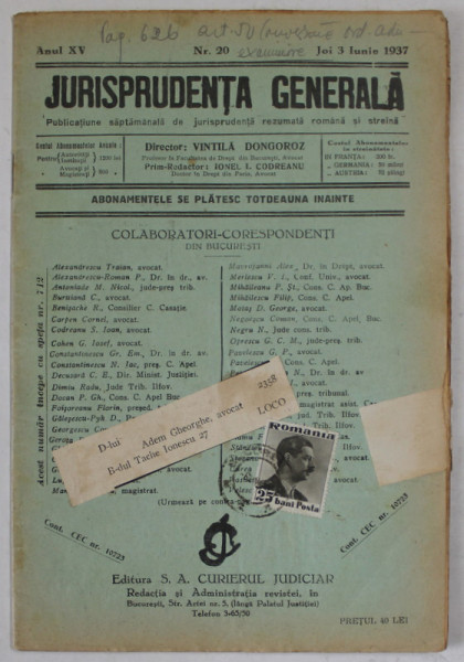 JURISPRUDENTA GENERALA , PUBLICATIUNE SAPTAMANALA DE JURISPRUDENTA ...ANUL XV , NR. 20 , JOI 3 IUNIE , 1937