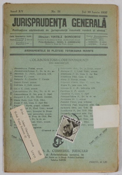 JURISPRUDENTA GENERALA , PUBLICATIUNE SAPTAMANALA DE JURISPRUDENTA ...ANUL XV , NR. 21 , JOI 10 IUNIE , 1937