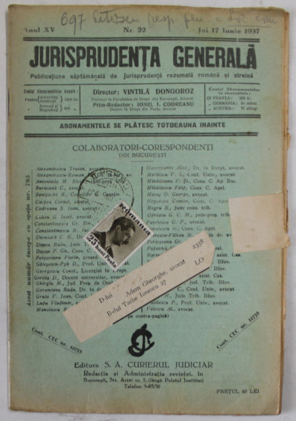 JURISPRUDENTA GENERALA , PUBLICATIUNE SAPTAMANALA DE JURISPRUDENTA ...ANUL XV , NR. 22 , JOI 17 IUNIE , 1937