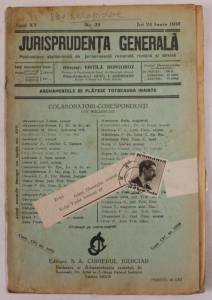 JURISPRUDENTA GENERALA , PUBLICATIUNE SAPTAMANALA DE JURISPRUDENTA ...ANUL XV , NR. 23 , JOI 24 IUNIE , 1937