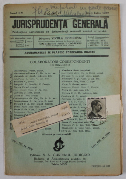 JURISPRUDENTA GENERALA , PUBLICATIUNE SAPTAMANALA DE JURISPRUDENTA ...ANUL XV , NR. 24 , JOI 1 IULIE , 1937