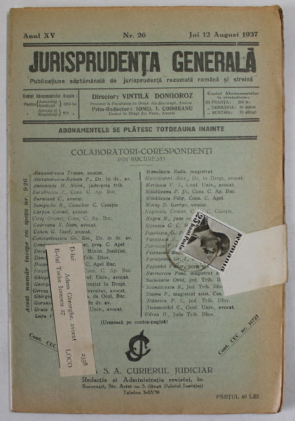 JURISPRUDENTA GENERALA , PUBLICATIUNE SAPTAMANALA DE JURISPRUDENTA ...ANUL XV , NR. 26 , JOI 12 AUGUST  , 1937