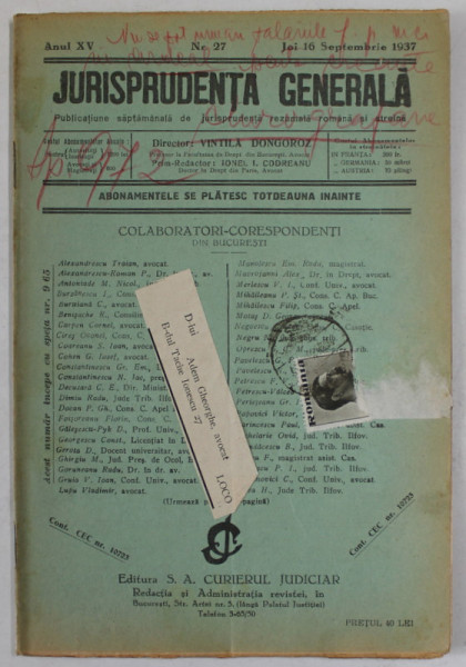 JURISPRUDENTA GENERALA , PUBLICATIUNE SAPTAMANALA DE JURISPRUDENTA ...ANUL XV , NR. 27 , JOI 16 SEPTEMBRIE  , 1937