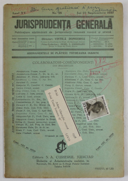 JURISPRUDENTA GENERALA , PUBLICATIUNE SAPTAMANALA DE JURISPRUDENTA ...ANUL XV , NR. 28 , JOI 23 SEPTEMBRIE  , 1937