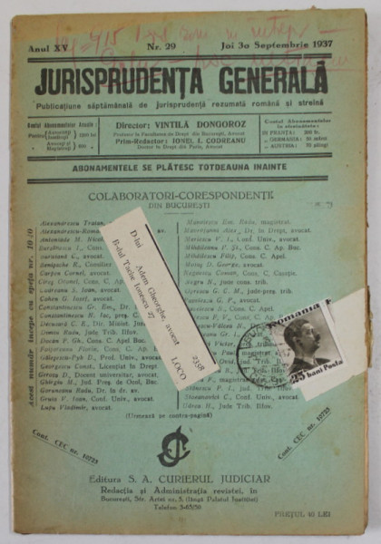 JURISPRUDENTA GENERALA , PUBLICATIUNE SAPTAMANALA DE JURISPRUDENTA ...ANUL XV , NR. 29 , JOI 30 SEPT. , 1937