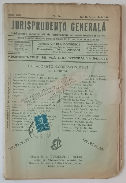 JURISPRUDENTA GENERALA , PUBLICATIUNE SAPTAMANALA   DE JURISPRUDENTA REZUMATA ROMANA SI STRAINA , ANUL XIX , NR. 26 , SEPTEMBRIE , 1941