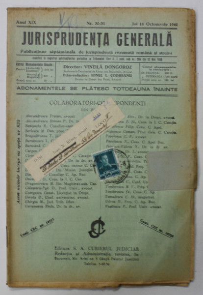 JURISPRUDENTA GENERALA , PUBLICATIUNE SAPTAMANALA   DE JURISPRUDENTA REZUMATA ROMANA SI STRAINA , ANUL XIX , NR.30-31 , OCTOMBRIE ,  1941