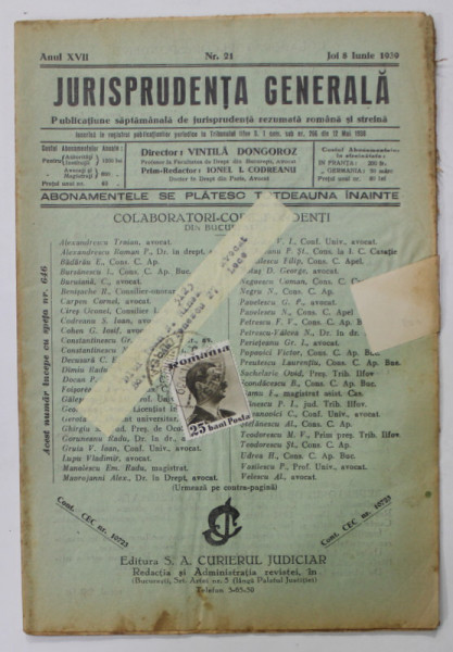JURISPRUDENTA GENERALA , PUBLICATIUNE SAPTAMANALA   DE JURISPRUDENTA REZUMATA ROMANA SI STRAINA , ANUL XVII , NR. 20, IUNIE 1939