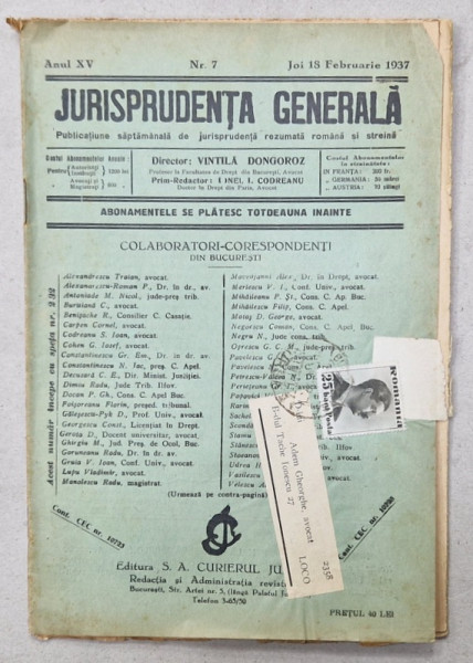 JURISPRUDENTA  GENERALA , PUBLICATIUNE SAPTAMANALA  DE JURISPRUDENTA REZUMATA  ROMANA  SI STREINA , NR. 7 , 1937