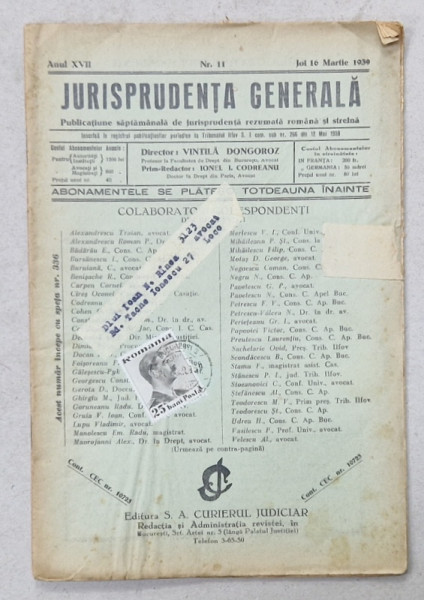 JURISPRUDENTA  GENERALA , PUBLICATIUNE SAPTAMANALA  DE JURISPRUDENTA   ROMANA  SI STREINA , NR. 11 , 1939