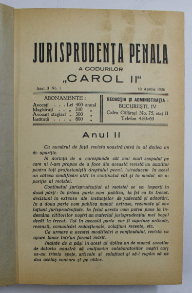 JURISPRUDENTA PENALA A CODURILOR  'CAROL II ' , ANUL II , COLEGAT DE 10 NUMERE CONSECUTIVE APARUTE INTRE  10 APRILIE 1938  - 10 MARTIE  1939