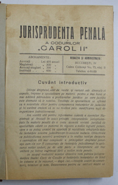 JURISPRUDENTA PENALA A CODURILOR  'CAROL II ' , COLEGAT DE 19 NUMERE CONSECUTIVE APARUTE IN 1937 - FEBRUARIE 1938