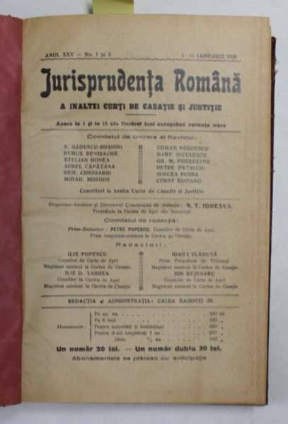 JURISPRUDENTA ROMANA A INALTEI CURTI DE CASATIE SI JUSTITIE,  ANUL XXV, 1 IANUARIE SI 15 DECEMBRIE - 1938
