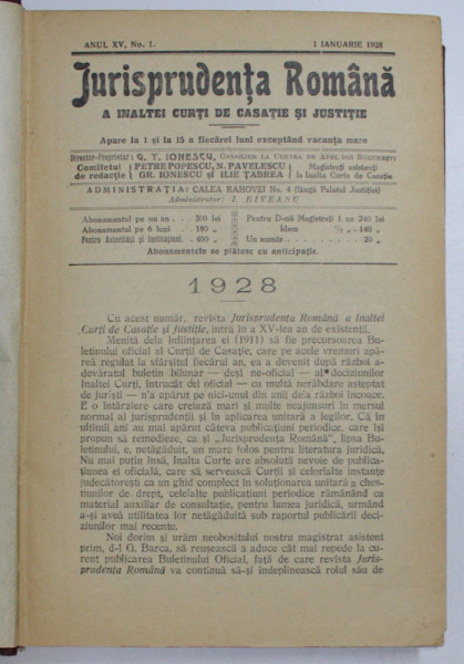 JURISPRUDENTA ROMANA A INALTEI CURTI DE CASATIE SI JUSTITIE , REVISTA , ANUL XV , COLEGAT DE 20 DE NUMERE SUCCESIVE ,  APARUTE INTRE  1 IANUARIE - 15 DECEMBRIE 1928