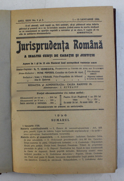 JURISPRUDENTA ROMANA A INALTEI CURTI DE CASATIE SI JUSTITIE , REVISTA , ANUL XXIII , COLEGAT DE 20 DE NUMERE SUCCESIVE ,  APARUTE INTRE  1 IANUARIE - 15 DECEMBRIE 1936
