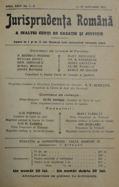 JURISPRUDENTA ROMANA A INALTEI CURTI DE CASATIE SI JUSTITIE , REVISTA , ANUL XXIV  , COLEGAT DE 20 DE NUMERE SUCCESIVE , APARUTE INTRE  1 IANUARIE - 15 DECEMBRIE 1937