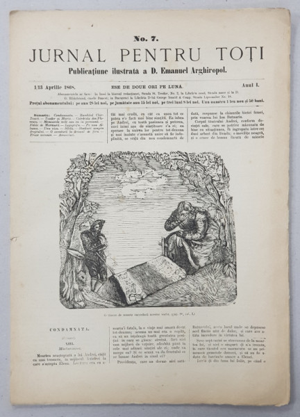 JURNAL PENTRU TOTI , PUBLICATIUNE ILUSTRATA A D. EMANUEL ARGHIROPOL , ANUL I , NO. 7 , 1 / 13 APRILIE  1868