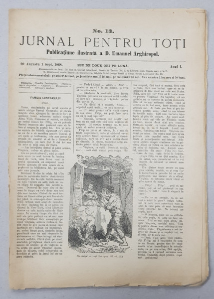 JURNAL PENTRU TOTI , PUBLICATIUNE ILUSTRATA A D. EMANUEL ARGHIROPOL , ANUL I , NO.13 , 20 AUGUST / 1 SEPT.   1868