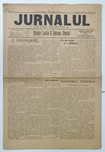 JURNALUL , APARE DUMINICA , ANUL II , No. 25 , BRAILA , 16 MAI 1916