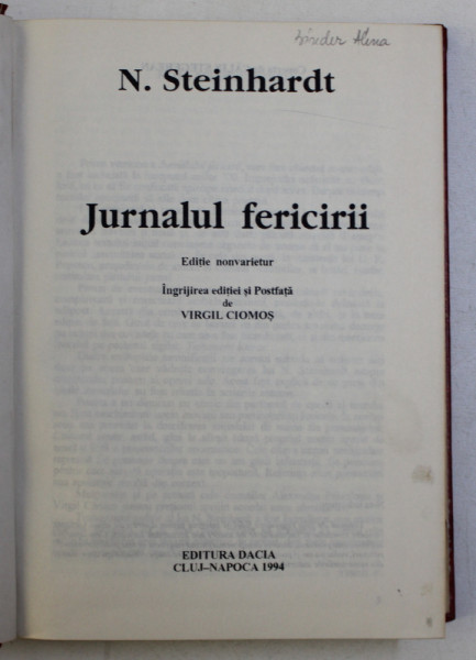 JURNALUL FERICIRII de N . STEINHARDT , 1994