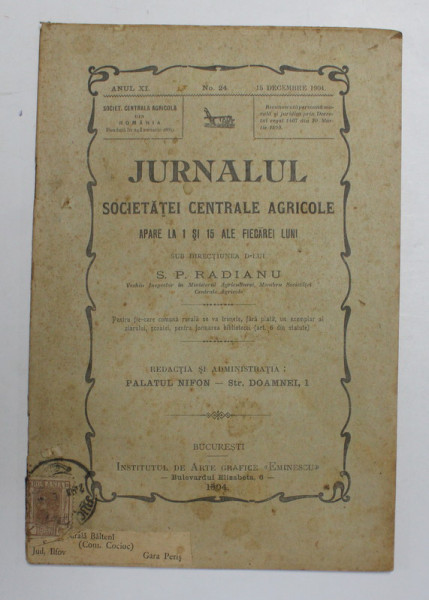 JURNALUL SOCIETATII CENTRALE AGRICOLE , ANUL XI , NR. 24 , 15 DECEMBRIE ,  1904