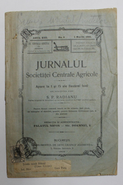 JURNALUL SOCIETATII CENTRALE AGRICOLE , ANUL XIII , NR. 12 , 15 IUNIE ,  1906