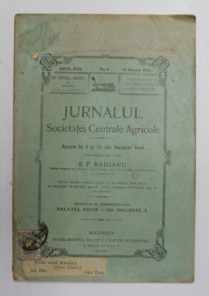 JURNALUL SOCIETATII CENTRALE AGRICOLE , ANUL XIII , NR. 6 , 15 MARTIE 1906