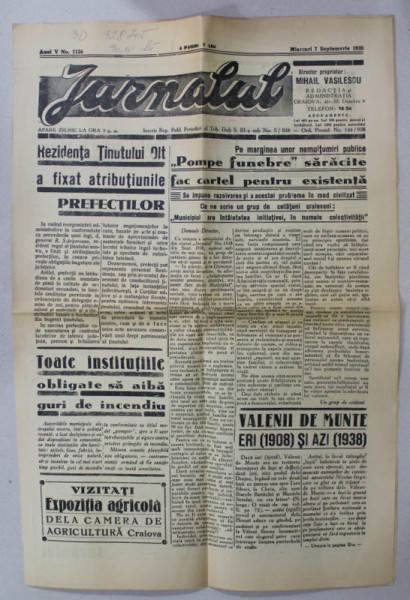 JURNALUL , ZIAR CU APARITIE ZILNICA , CRAIOVA , ANUL V, No. 1126, MIERCURI 7 SEPTEMBRIE , 1938