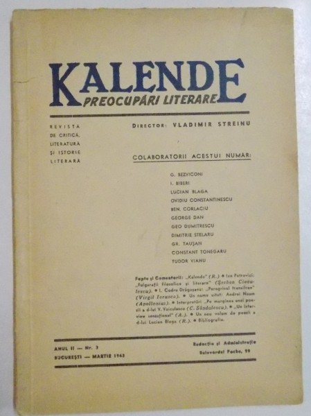 KALENDE , PREOCUPARI LITERARE , ANUL II , NR.3 , MARTIE 1943
