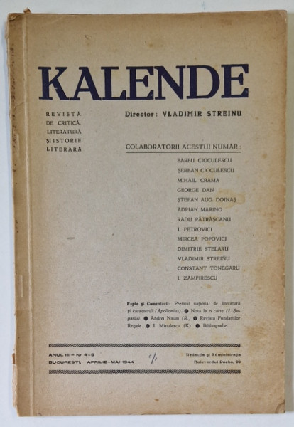 KALENDE , REVISTA DE CRITICA , ANUL III , NUMERELE 4 - 5 , APRILIE - MAI , 1944