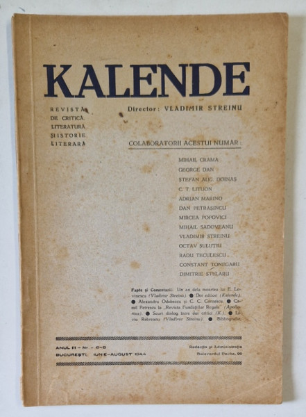 KALENDE , REVISTA DE CRITICA , ANUL III , NUMERELE 6 - 8 , IUNIE - AUGUST , 1944