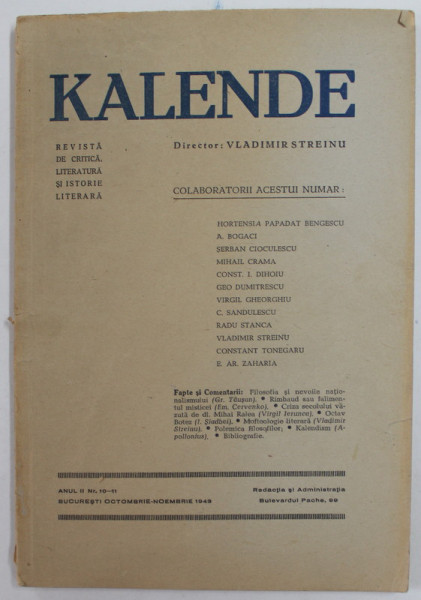 KALENDE , REVISTA DE CRITICA , LITERATURA SI ISTORIE LITERARA , ANUL II , NR. 10-11   -OCT. - NOV.  ,  1943