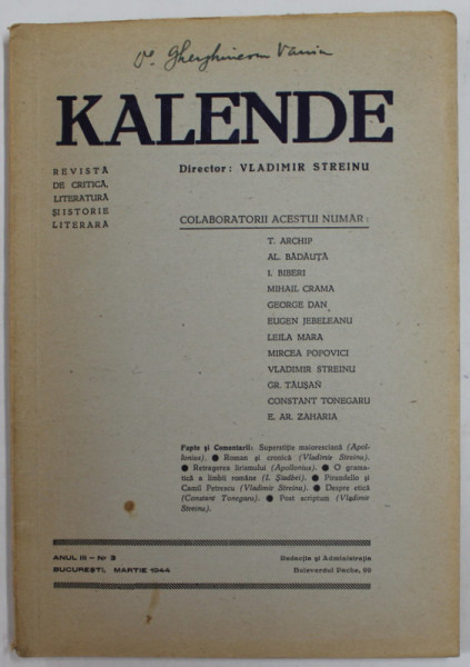 KALENDE , REVISTA DE CRITICA , LITERATURA SI ISTORIE LITERARA , ANUL III , NR. 3 - MARTIE 1944