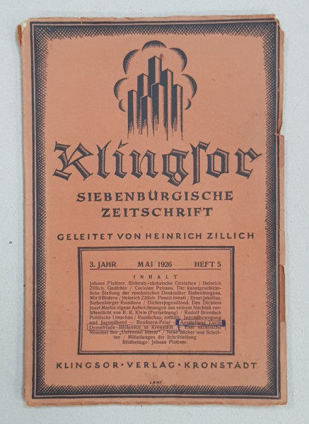 KLINGSOR  - SIEBENBURGHISCHE ZEITSCHRIFT , 3.JAHR , HEFT 5 , MAI , 1926