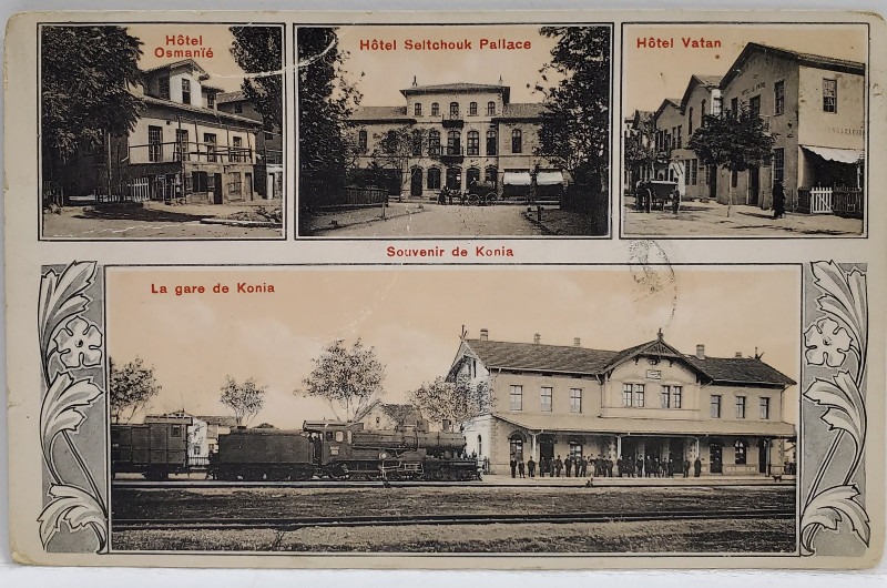 KONIA , TURCIA , GARA SI TREI HOTELURI DIN ORAS , MONTAJ FOTO , CARTE POSTALA , INTERBELICA