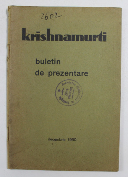 KRISHNAMURTI - BULETIN DE PREZENTARE , DECEMBRIE 1930