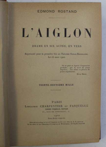 L' AIGLON - DRAME EN SIX ACTES , EN VERS , TRENTE NEUVIEME MILLE par EDMOND ROSTAND , 1900