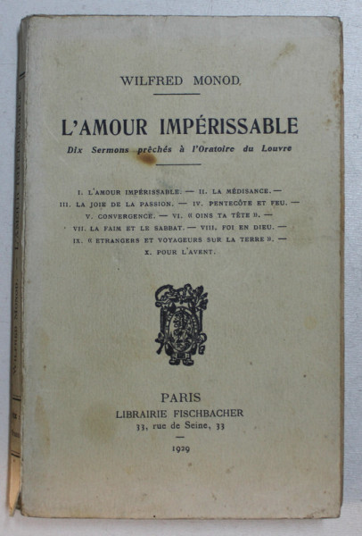 L 'AMOUR IMPERISSABLE par WILFRED MONOD , 1929