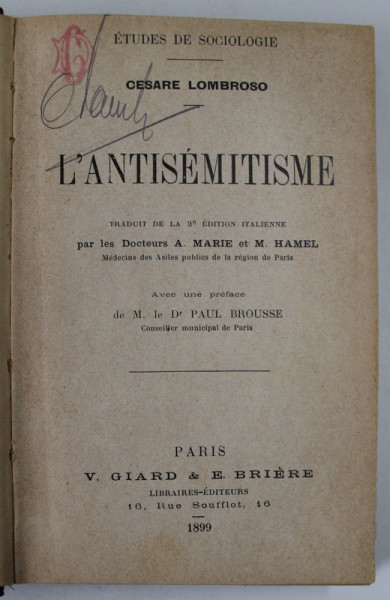 L 'ANTISEMITISME par CESARE LOMBROSO , 1899