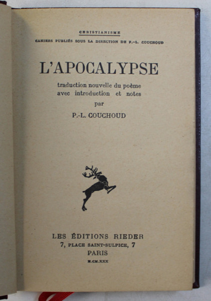 L ' APOCALYPSE - traduction nouvelle du poeme avec introduction et notes de P.L.  - COUCHOUD , 1930