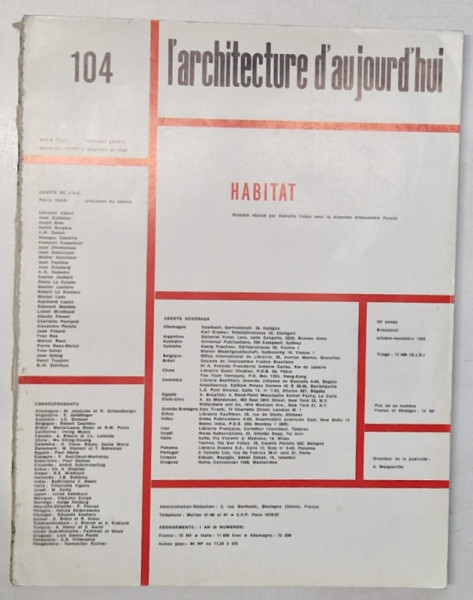 L 'ARCHITECTURE D' AUJOURD ' HUI , NO. 104  - HABITAT , OCTOBRE - NOVEMBRE , 1962 , * LIPSA COPERTA FATA