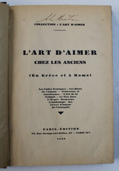 L ' ART D ' AIMER CHEZ LES ANCIENS ( EN GRECE ET A ROME ) , 1929