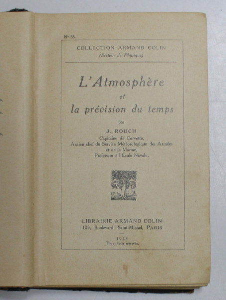 L ' ATMOSPHERE ET LA PREVISION DU TEMPS par J. ROUCH , 1923