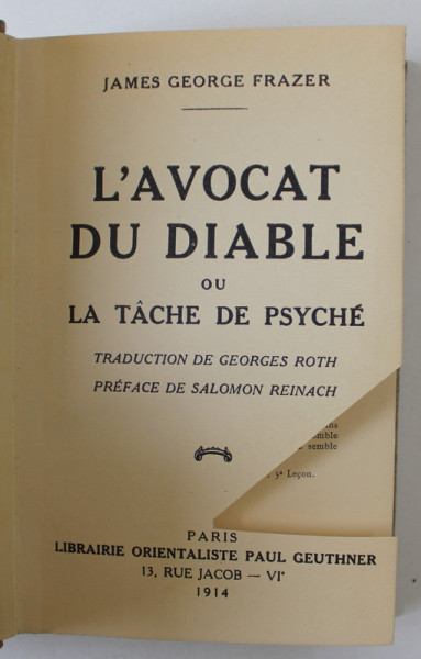 L 'AVOCAT DU DIABLE OU LA TACHE DE PYSCHE par JAMES GEORGE FRAZER , 1914