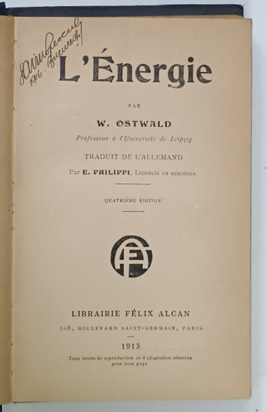 L 'ENERGIE par W. OSTWALD , 1913