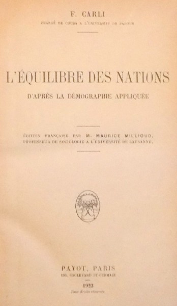 L ' EQUILIBRE DE NATIONS par F. CARLI , 1923