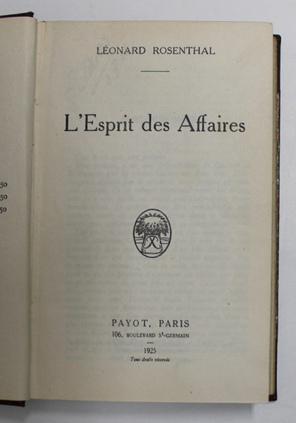 L 'ESPRIT DES AFFAIRES par LEONARD ROSENTHAL , 1925