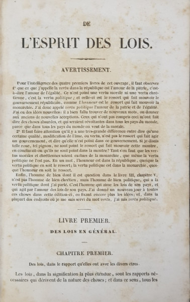 L 'ESPRIT DES LOIS par MONTESQUIEU , EDITIE DE SECOL XIX , LIPSA PAGINA DE TITLU *